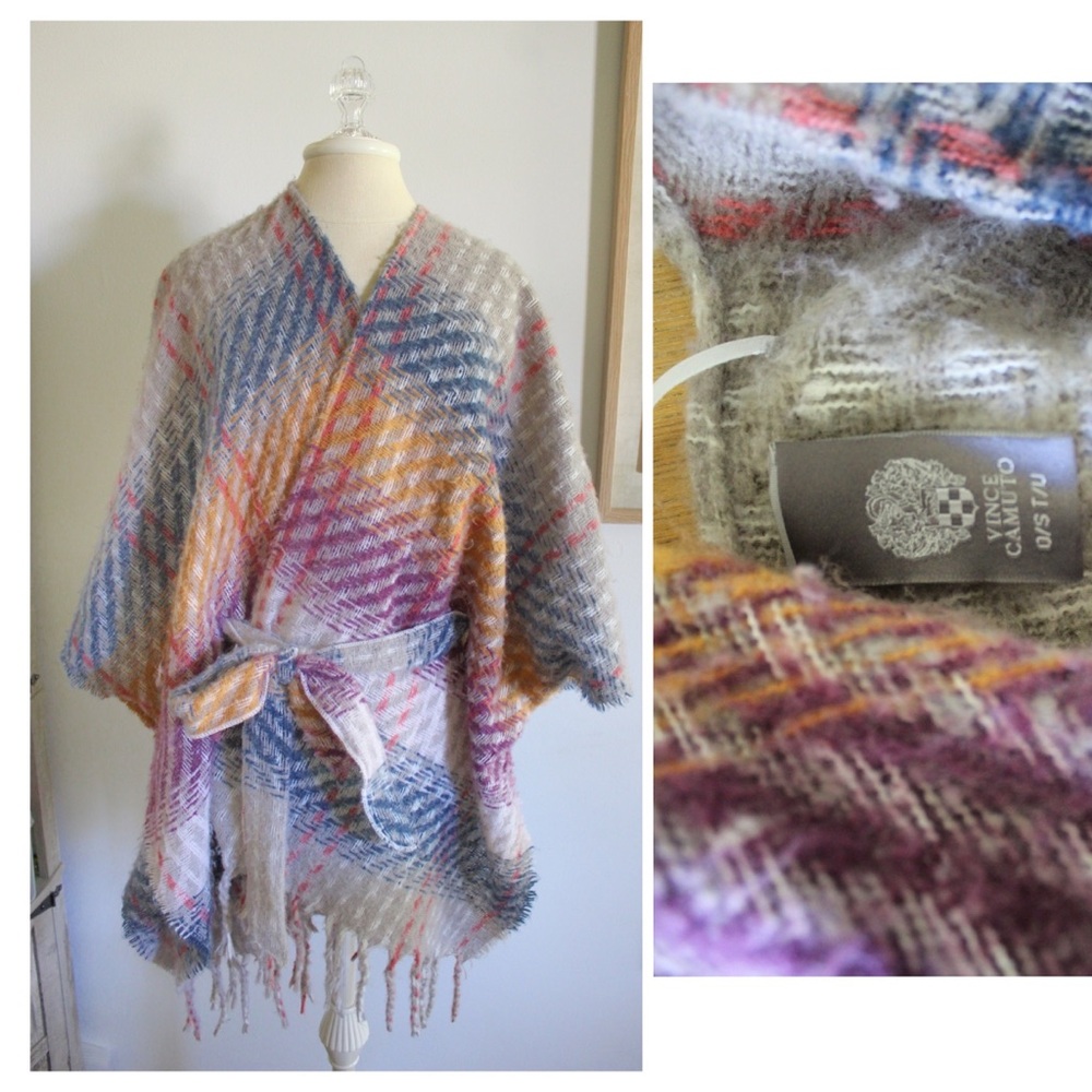Vince Camuto Belted Poncho Shawl Wrap Multicolored Purple Boho Fringe OS